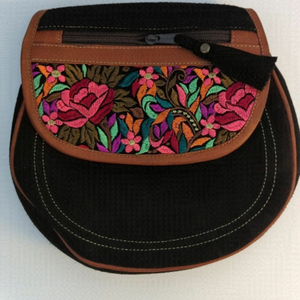 Embroidered suede crossbody bag black and floral